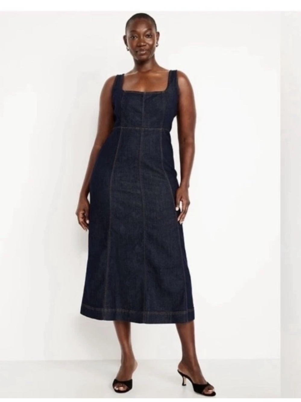 Old Navy Dress Womens Large Midi Denim Sleeveless Square Neck Dark Wash 2025